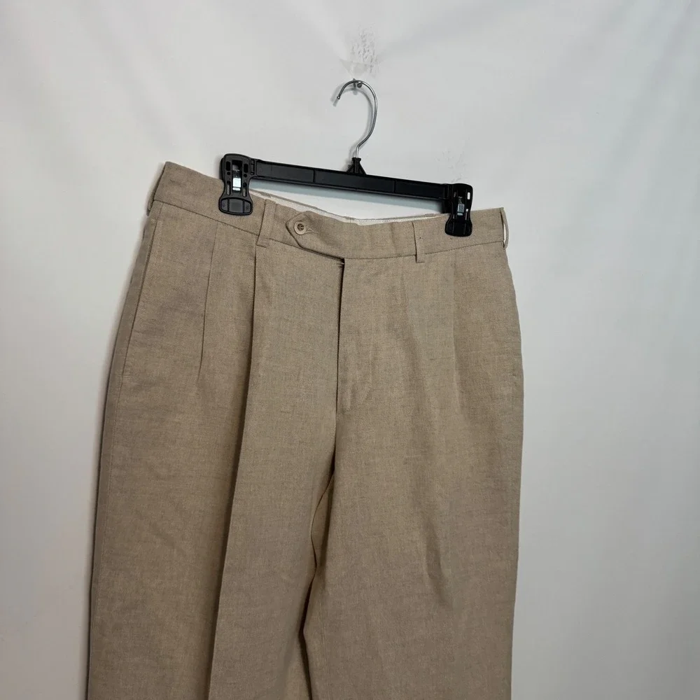 J. Peterman Pleated Pants Mens 34 Tan Linen Cotton Blend Trousers Dress Portugal